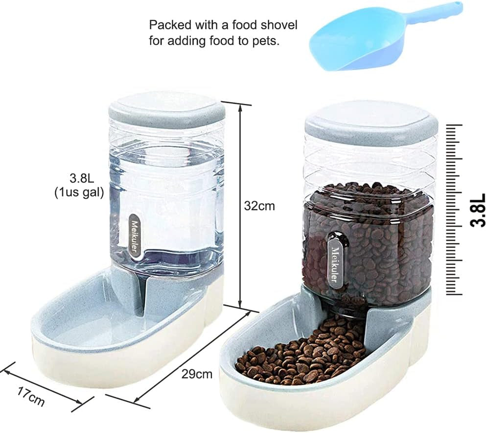 Automatic Dog Cat Feeder and Water Dispenser Set,Waterer and Gravity Food Feeder for Small & Medium Dogs Cats Puppies,Large Capacity 1 Gallon X 2 (Grey)
