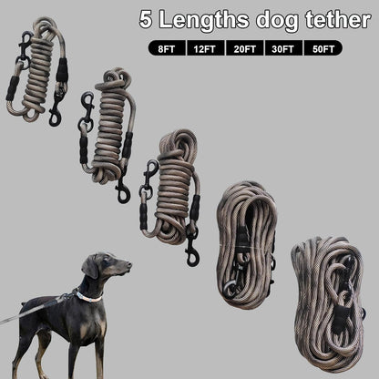 Tie-Out Check Cord Long Rope Dog Tether, 8Ft 12Ft 20Ft 30Ft 50Ft Dog Lead for Yard, Large Medium Dogs Oudoor Training, Playing, Camping, or Backyard (30Ft, Beige Black)
